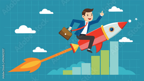 Businessman rides rocket to success in a bright blue sky with charts and clouds in the background