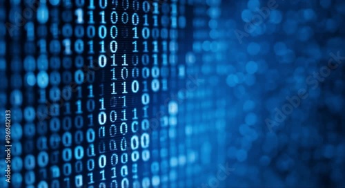 Abstract digital stream of glowing binary code in deep blue tones, representing data and technology.