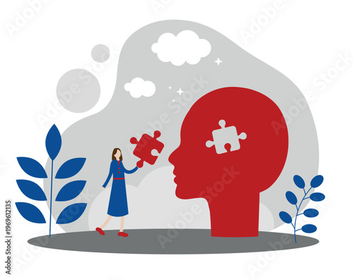 The concept of problem solving, mental health, improving memory. Woman, Head and Puzzle