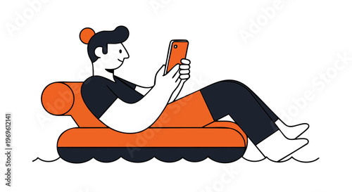 Man Relaxing on Inflatable Float while Using Smartphone in the Water