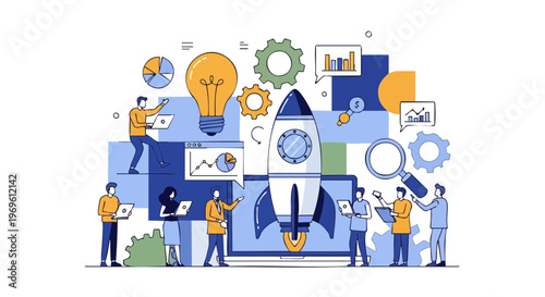 Wallpaper Mural Business Startup Launch Concept with Team and Rocket Illustration Torontodigital.ca