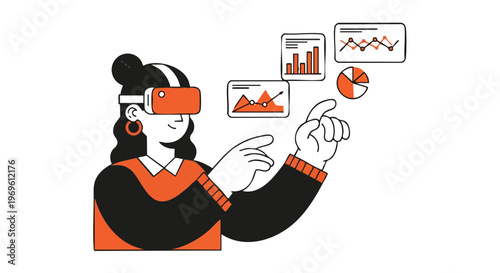 Woman Using VR Headset for Virtual Reality Data Analytics Illustration