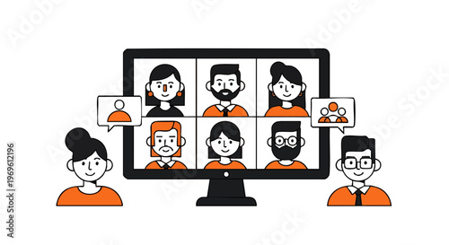 Virtual Team Meeting and Online Video Conference Vector Illustration
