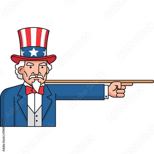Cartoon Uncle Sam points accusingly with a wooden stick outdoors.