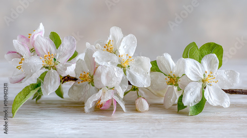 Fresh white apple blossoms adorned with glistening water droplets.