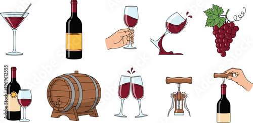 Wine set illustration collection, red wine bottle glass barrel corkscrew grapes and pouring scenes, vector design for restaurant menu
