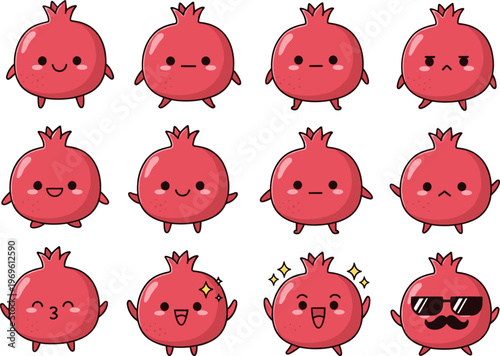 Cute pomegranate cartoon character set, funny kawaii fruit expressions collection with emotions, vector illustration for kids stickers emoji design