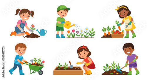 Children happily gardening with flowers vegetables and various tools