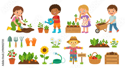 Children gardening with tools plants and a scarecrow in a colorful scene