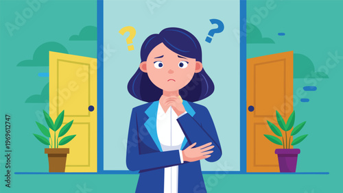 Woman stands between two doors with questions above her head at home in a thoughtful moment in the morning light