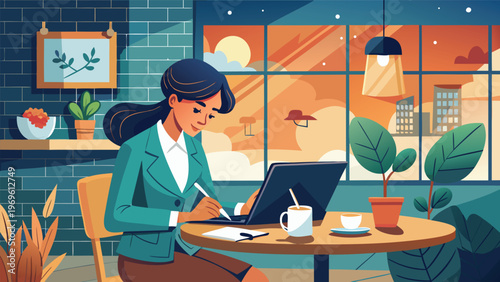 Woman working on a laptop while sitting in a cozy cafe during sunset in an urban setting with plants nearby