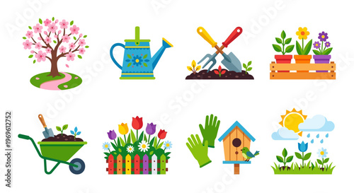 Colorful gardening tools flowers and elements in a flat design style