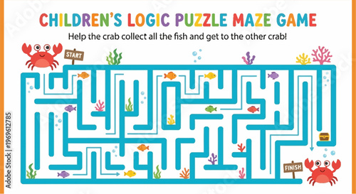 Children s maze game featuring a crab collecting fish underwater