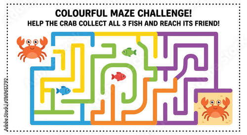 A colourful maze game challenges players to guide a crab to fish