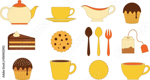 Tea time dessert and kitchen icons set, teapot cup cake cookie cutlery illustration, flat food vector collection for cafe menu design