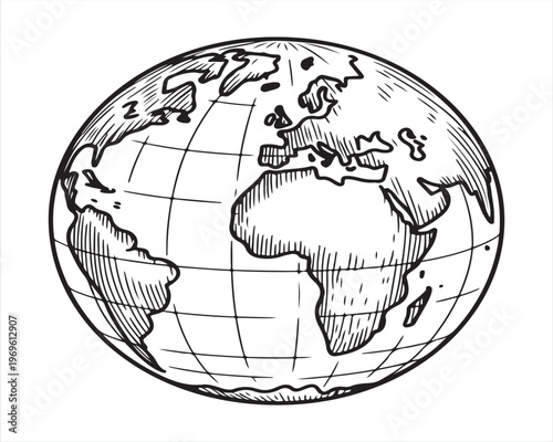 Hand Drawn World Globe Illustration in Vintage Engraving Style, Black and White Line Art Earth Map Showing Continents and Grid Lines for Geography, Travel and Global Concept Isolated on White Backgrou
