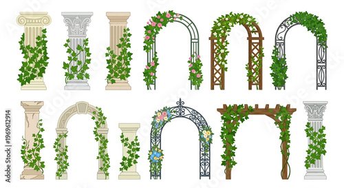 Collection of ornate garden arches and classical architectural columns