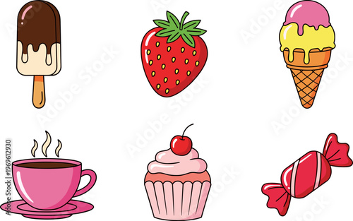 Sweet dessert and drink cartoon icons set, ice cream cupcake candy coffee strawberry illustration, colorful food vector collection for menu design