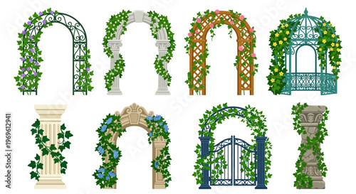 Collection of ornate garden arches and pergolas with floral arrangements