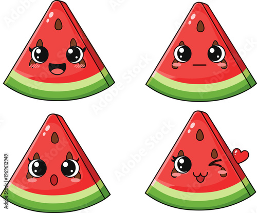 Cute watermelon cartoon characters set, kawaii fruit slices with different emotions faces, funny summer food vector illustration for kids design