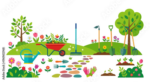 Colorful gardening tools and vibrant flowers illustrate a cheerful garden scene