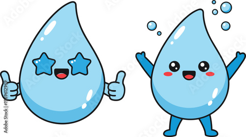 Cute water drop cartoon characters set, kawaii liquid mascot with happy expressions, clean fresh aqua vector illustration for kids design