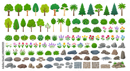 Collection of colorful cartoon trees bushes flowers grass and rocks