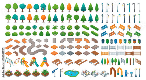 Collection of colorful park and city elements in a cartoon style