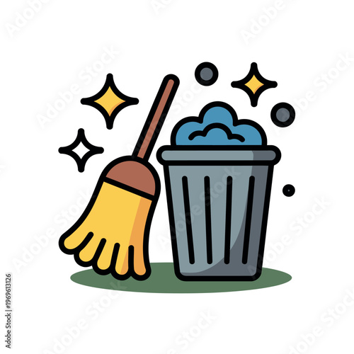 A cartoon illustration of a broom and dustpan with cleaning supplies in a trash can surrounded by sparkles