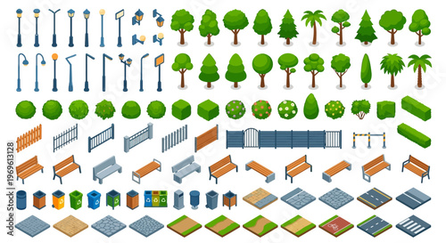 Isometric city elements street lamps trees benches and park infrastructure