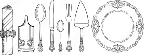 Vintage cutlery and tableware illustration, engraved spoon fork knife plate napkin holder set, elegant antique kitchen utensils vector line art collection