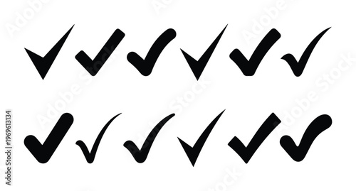 Black checkmark vector icons, a versatile collection of 10 different tick marks, perfect for approval, completion, and success indicators in digital design and user interfaces.