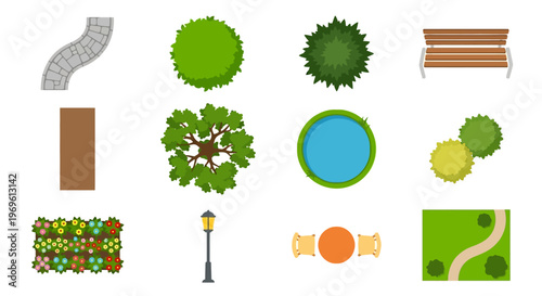 Top down view of various park elements arranged in a grid pattern