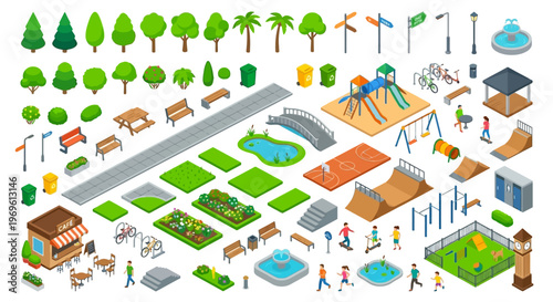 Isometric park elements collection playgrounds furniture and recreational objects