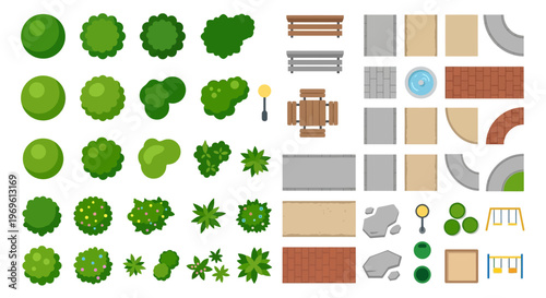 Aerial view of a park with trees benches and playground elements