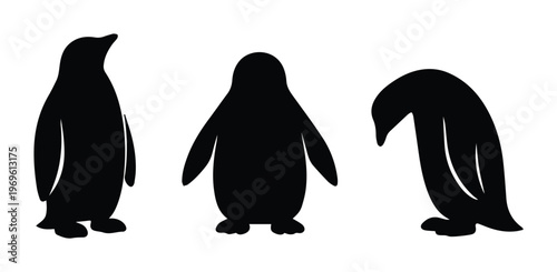 Minimalist black penguin silhouettes, a set of three distinct vector illustrations, perfect for arctic animal branding, winter themes, or educational graphics.