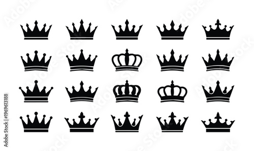 Elegant crown vector icon set, 20 black royal crowns, majestic king and queen headwear symbols, imperial authority and luxury graphic elements for branding and design projects