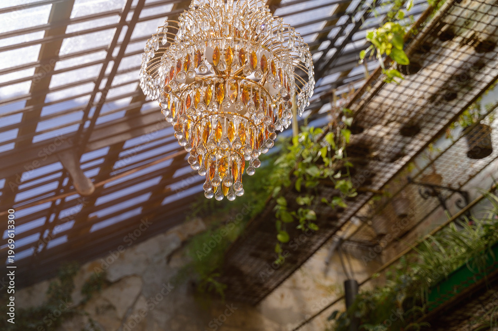 Obraz premium Sunlight streaming through a glass greenhouse roof onto a luxury chandelier and vines
