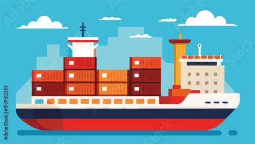Cargo ship transports containers across the ocean during clear weather near a bustling port in a busy shipping lane