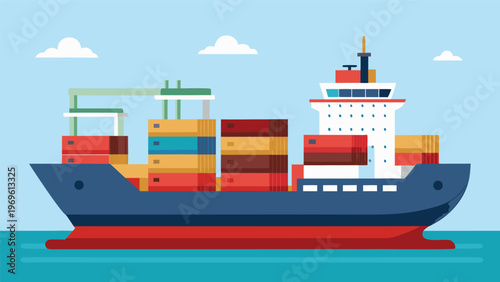 Cargo ship moving on water with colorful containers in daylight under a clear sky