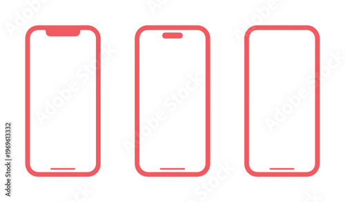 Modern red smartphone vector outlines, sleek mobile phone device mockups, minimalist digital gadget frames for UI/UX design, app development, and technology presentations.