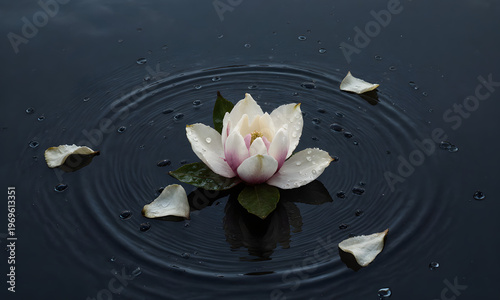 Wallpaper Mural White lily flower floating on calm water with petals around it   Torontodigital.ca
