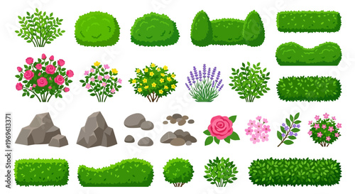 Collection of colorful cartoon bushes flowers rocks and garden elements