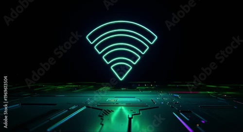 Glowing neon WiFi symbol floating above futuristic circuit board with vibrant lights