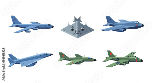 Modern Military Jet Aircraft Vector Set, Stealth Bomber, and Air Force Fighter Planes Illustration.
