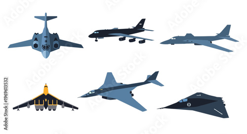 Set of Military Aircraft Vector Illustrations, Fighter Jets, and Modern Strategic Bombers Isolated on White Background.