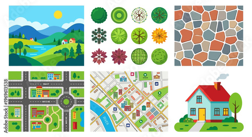 Assorted vector illustrations depict landscapes top views and buildings