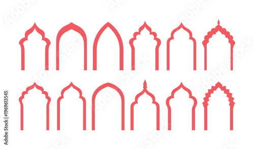 Intricate Indian arch vector set, 12 decorative architectural frames, traditional Mughal style design elements for cultural projects, red silhouette illustrations on white.