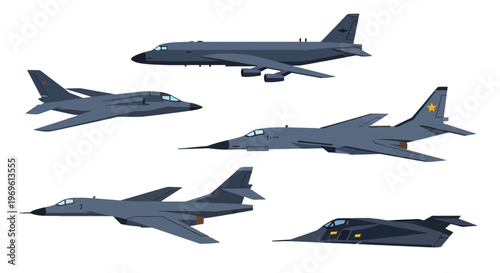 Set of Modern Military Aircraft Vector Illustrations, Fighter Jets, and Strategic Bombers Isolated on White Background.