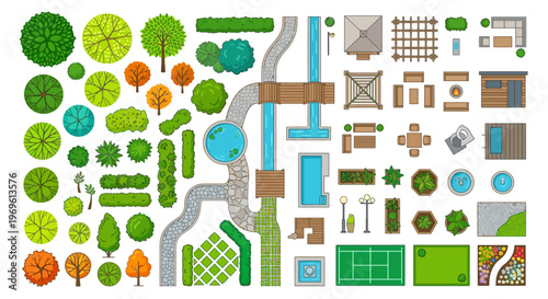 Overhead view of a colorful landscape design with trees and structures